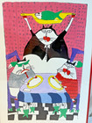 Vintage Martha Wahlert Hand Painted Over Silk Screen Cat Art Framed Captioned 