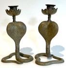 Pair Patinated Brass Finely Detailed Antique Cobra Candle Sticks Holders 8 