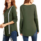 Womens Long Sleeve O-neck T-shirts Tee Casual Green T-shirt Blouse Loose Tops