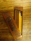 Carved Rotorua New Zealand Pencil Box With  Paua Shell Eyes