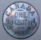 Old Canadian Coin 1932 One Cent - King George V - Gorgeous Tone - High Grade