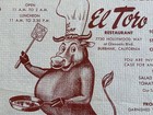 1953 Placemat Menu El Toro Restaurant Hollywood Way Burbank California