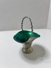 Vintage Tinn Norway Pewter Basket W green Enamel Interior And Twisted Handle Mcm