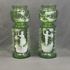 Two Antique Bohemian Mary Gregory Painted Green Glass Victorian Boy girl Vases