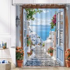 Mediterranean Landscape Shower Curtain Tropical Coastal Seascape Floral Plant Ha