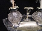 Classic Antique Maker Marked Silverplate   Crystal Double Inkwell Set