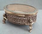 Vtg Jewelry Casket Box Ormolu Gold Filigree Putti Cupid Leg Beveled Glass Velvet