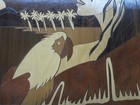 Large Vintage Tropical Hawaiiana Tiki Inlaid Wood Plaque W Parrots   Natives