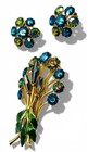Vintage Lg 60s Margarita Glass Bouquet Flower Brooch   Earrings Demi Parure Set
