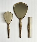 Vintage Gold Handheld Mirror  Brush   Comb Vanity Grooming Set Floral Design