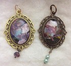 2 Wearable Art Pendants Antique Finish Gold   Brass Blue purple pink white green