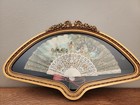 Antique Chromolithograph Hand Gilt Rococo Revival Fan In Giltwood Bow Frame