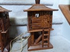 2 Vtg Htf Mid Century Tiki Hut Pagoda Table Lamps Hand Carved Wood Hawaii 25 5 