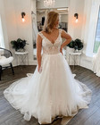 Elegant Wedding Dresses V Neck Lace Appliques Plus Size Sweep Train Bridal Gown