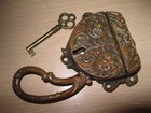 Antique Bronze Victorian Art Nouveau Cabinet Door Icebox Lock Latch Patina Key
