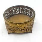 Vintage Gold Filigree Footed Jewelry Box Oval Beveled Glass Lid Trinket Casket