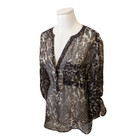 Como Black Womens Long Sleeve Blouse Leopard Print Sheer Henley Office Sz L