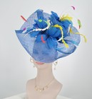 Jumbo Blue Sinamay Fascinator Hat With  Handmade Feather Flowers