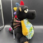 Vintage Handmade Crochet Black Dragon Plush Colorful Fantasy Stuffed Animal Gift