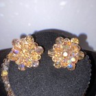 Aurora Borealis Crystal Flower Necklace   Clip Earrings Set Gold Tone Champagne