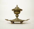 Antique Brass Victorian Inkwell Desk Stand Ornate Ink Pot W Porcelain Insert