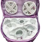 Porcelain Miniature Picnic Tea Set Pretend Play With Wicker Carrying Case Purple