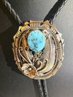Heavy Navajo Sterling Silver Turquoise Feather Flower Bolo Tie 65g Signed Eg Vtg