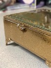 Vintage Gold Tone Jewelry Box Etched Glass Lid Ornate Filigree Footed Trinket