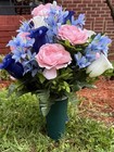 Cemetery Vase Memorial Silk Flower Arrangement Blue  Mauve   Off White