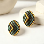 Vintage Woven Fabric Chevron Earrings  304 Stainless Steel Gold Oval Studs