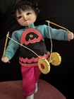 Vintage Peking Silk Doll China Diorama Stand Straight Hair Buns Toy Rope Label