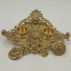 Ornate Double Inkwell Gilded Bronze Cherub Floral 9 75  Lacquered Iron Vintage