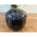 Vintage Black Amethyst Glass Powder Jar Floral Scroll Lidded Vanity Trinket