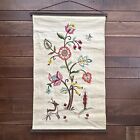 Vtg Crewel Embroidered Wall Hanging Floral Tapestry Deer 24 5x16 Fabric Folk Art