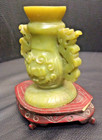 Vintage Chinese Hand Carved Green Jade Vase incense Burner W wooden Stand