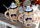 Vintage A Pair  2  German Ceramic Beer Steins Metal Lids Hand Painted Heidelberg
