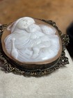 Antique 1800s Victorian Edwardian Carved Shell Brooch Pin Madonna Child Filigree