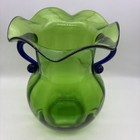 Vtg Hand Blown Art Glass Green Ruffle Edge Vase Applied Cobalt Blue Handles