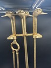 Vintage Brass Mallard Duck Head Fireplace Tools Set   Stand - Art Deco Mcm Goose