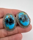 Vtg Navajo Sterling Silver High Grade Kingman Turquoise Oval Post Earrings