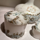 3 Pc Antique Victorian Milk Glass Vanity Dresser Set Hand Painted Gold Trim