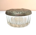 Vintage Glass Powder Jar With Ornate Brass Lid Trinket Box Vanity Storage 