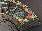 Vintage Oriental Japanese Black Wood And Silk Hand Held Fan  Swans Flowers Lake