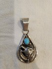Sterling Silver And Turquoise Navajo Handmade Wolf Head Teardrop Pendant