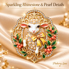 Lamb Brooch Pin Yellow Bow Pearl Rhinestone Gold Tone Sheep Vintage Style Jewelr