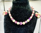 Vintage Beaded Necklace   Earrings Set Glass Beads Pink Golden White Faux Pearls