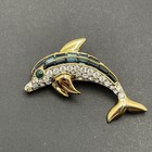 Vintage Dolphin Brooch Clear Round   Blue Baguette Rhinestones Gold Tone Pin Nos