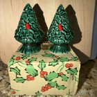Vintage Lefton Christmas Tree Salt And Pepper Shakers Holly   Original Box