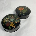 Vintage 2 Pc Black Lacquer Tin Trinket Boxes Hand Painted Flowers Round 2 75 