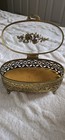 Vintage  Matson Ormolu Gold Rose Casket Jewelry Box Beveled Glass Footed Velvet 